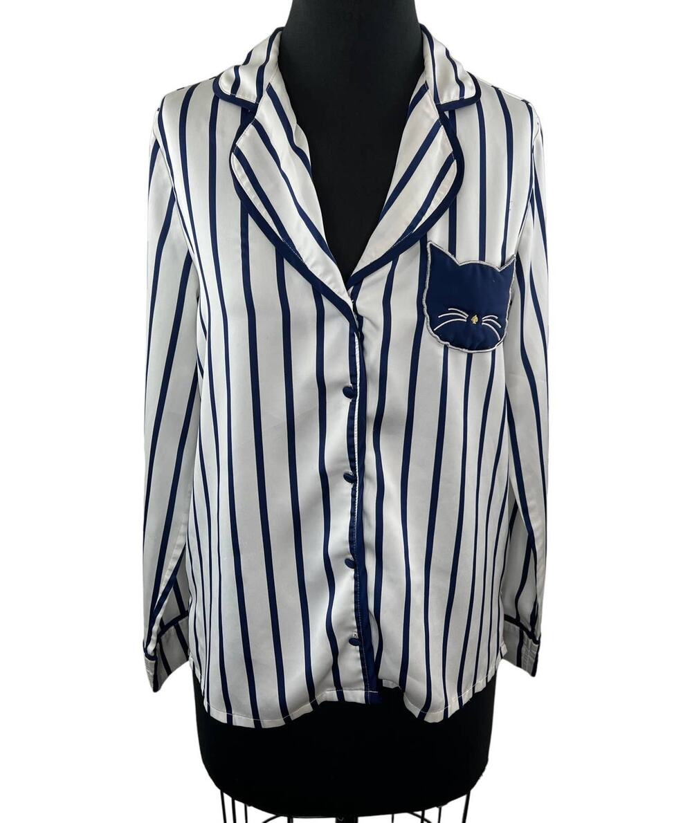 Kate Spade Navy White Striped Long Sleeve Button-Down Cat Face Pajama Top Size S